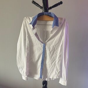 Zara Women's White and Blue Button Down Shirt